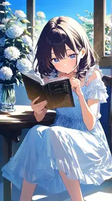 読書する女性とリシアンサス(誕生花,7月30日)