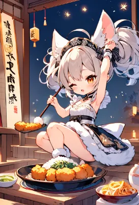 夜空の下の猫耳ごちそうタイム