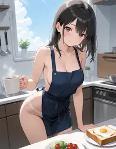 朝のキッチンで微笑む彼女
