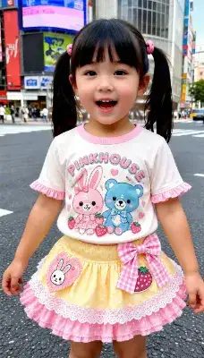 クマちゃんフリルTシャツとレース付き水玉スカートのコーデ