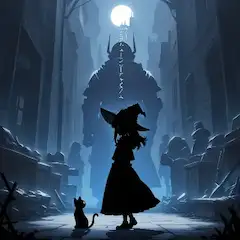 月夜の路地に立つ魔女と巨影