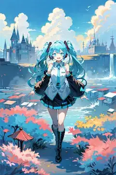 ミクとわたたあめみたいなふわふわな雲の世界