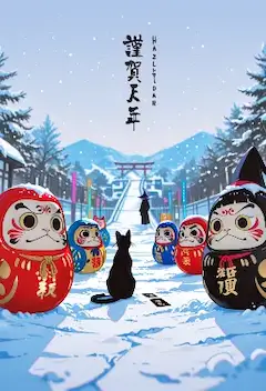 雪の守護だるまと黒猫の旅