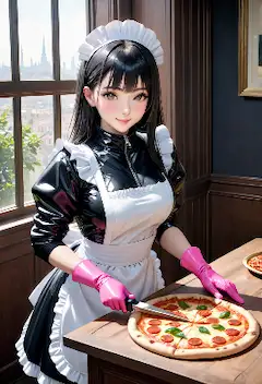 ピザをカットしてくれるメイドさん