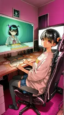 インターネット麻雀ゲームを遊ぶ少女