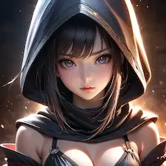 炎に照らされたフードの美女