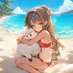 トロピカルビーチで羊を抱く少女の夏