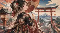 桜舞う鳥居で、富士を仰ぐ