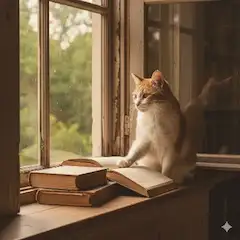 窓辺で本を読む猫