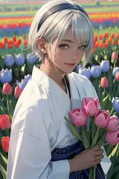 チューリップを抱く青年
