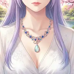 桜舞う中、輝く秘宝の首飾り