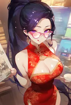 旗袍(チャイナドレス)姿で抽籤(宝くじ)に熱中するママ♥