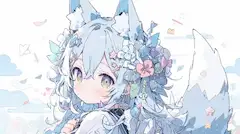 夢の空で微笑む青狐の花飾り