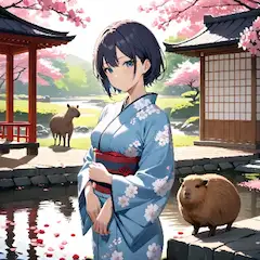 カピバラと和装の庭園