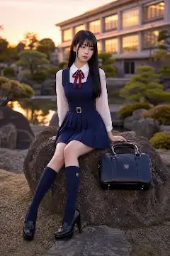 放課後校庭の日本庭園で考え込んでいる香さん