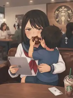 iPadを見たい姉の口にドーナツを押し込んで邪魔する弟