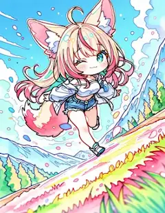 虹の道を駆けるキツネ少女