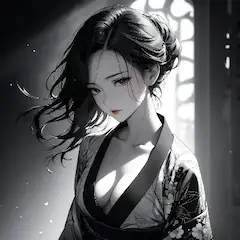 窓辺の黒髪美女