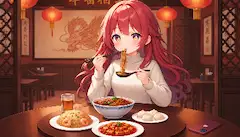 ジャージャー麺をすする少女