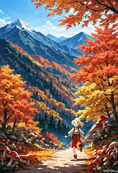 紅葉の山道を駆ける少女の冒険