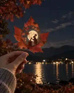 紅葉の向こうで、月のうさぎ