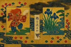 菖蒲の川辺で舞う赤髪の精