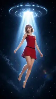 UFOの光に浮かぶ赤いドレス