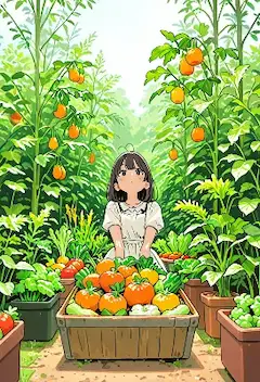 夏のトマト畑で出会う少女の収穫