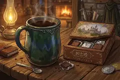 AIの餌を手描きした上で生成した画像　ファンタジー風の飲み物とチョコレートのテーブル