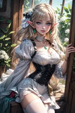 elf corset dress beside window spring rose flowers