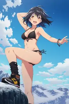 雪山で黒ビキニ+靴