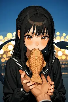 夜祭りの光でたい焼きを一口