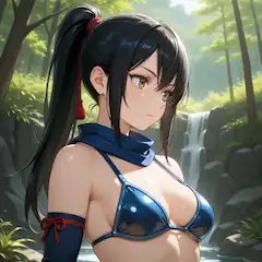森の滝で輝く青い水着の少女