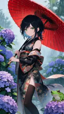 紫陽花の雨に赤い傘と緑の瞳
