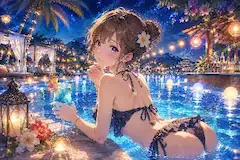 星空プールで微笑む夏の夜。