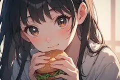 ハンバーガー片手に微笑む少女の午後