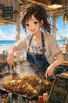 海辺のビーチハウスで今日も焼そば。
