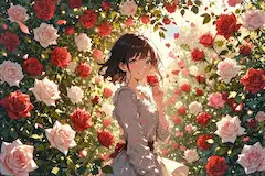 バラの秘密の庭で微笑む少女