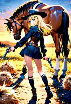 荒野の夕陽に立つ二丁拳銃少女