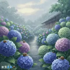 雨の紫陽花園とカタツムリの旅