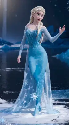 エルサが雪と氷の城で華麗なドレスと神秘的なケープを纏い舞い踊るコスプレイヤーの魔法のパフォーマンス
