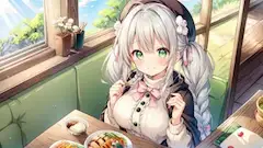 窓辺で微笑む銀髪少女のランチ