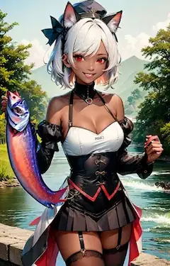 キングサーモンを獲ってご機嫌な褐色猫娘