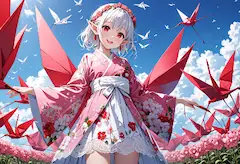 ピンクの鶴と花の妖精の舞