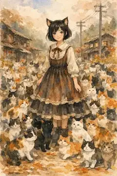 猫街の秋風に舞う少女