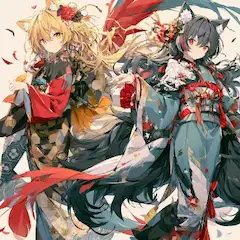 紅葉の風に舞う狐耳の姉妹