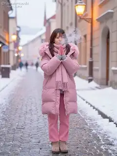 凍てつく街を温める、ふわふわな桜色の雪だるま