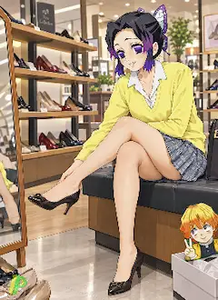 靴屋で試着中の蝶の微笑み