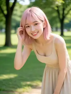 木漏れ日の小径に微笑む淡紅の彼女 ― 柔らかな焦点に包まれた瞬間 / She Smiles on the Sunlit Path — A Moment Wrapped in Gentle Focus with Pale Pink Grace