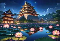 城とお堀とハスの花